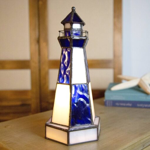 Blue & White - Stained Glass Lighthouse Accent Lamp