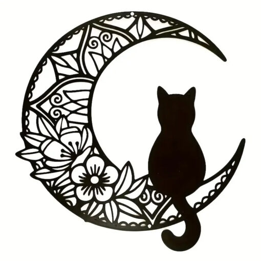 Moonflower Perched Cat - Black Metal Decor