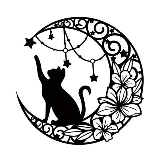 Whimsical Cat & Moon - Black Metal Decor