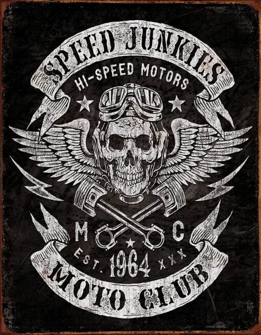 Speed Junkies Moto Club 12x16 Metal Sign Decor